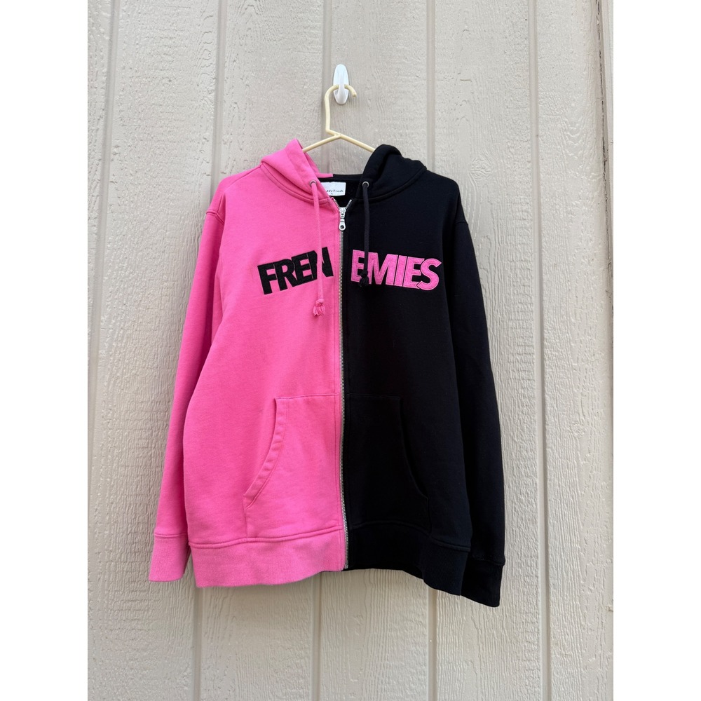 Teddy Fresh Large Frenemies Hoodie Streetwear Cotton Split Pink Black Zip